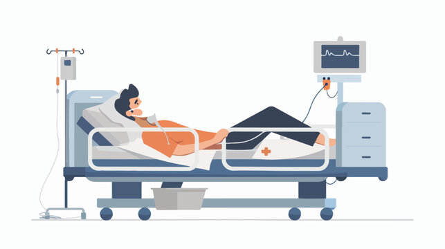 Patient lying in bed during intensivector therapy Flat vector