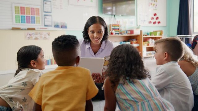 Female primary or elementary school teacher reading to students sitting on floor in multi-cultural classroom - shot in slow motion