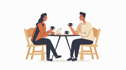 People drinking hot drink at cafe table together. woman