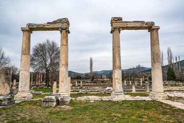 Scenic views from Afrodisias which  was a small ancient  Hellenistic city in the Caria,  was named after Aphrodite, the Greek goddess of love in Aydın, Turkey