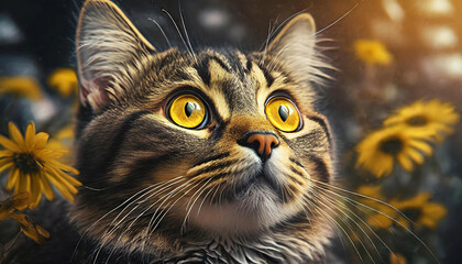 cat with a big yellow eyes looking up and wondering and interested looks; the concept of pets, close-up