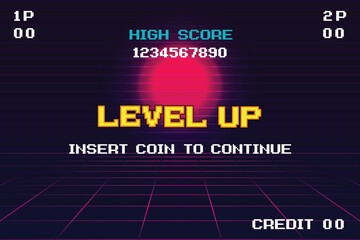 LEVEL UP INSERT A COIN TO CONTINUE .pixel art .8 bit game. retro game. for game assets in vector illustrations.