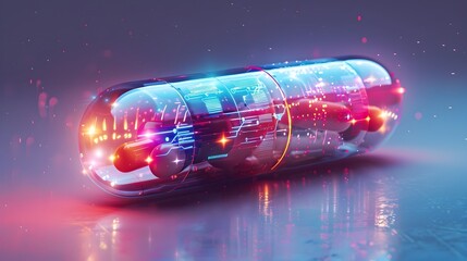 Futuristic 3D Rendering of a Blue Pill with Neon Lights