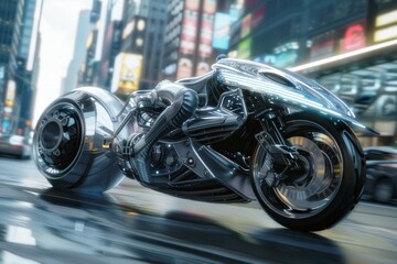 a sleek, futuristic motorcycle with a transparent background. Make it look like it's speeding...