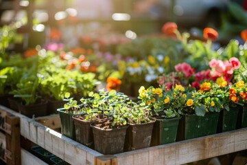 farmer's gardening market, seedlings for growing plants and flowers, box with plastic seedling cups, planting season, spring gardening