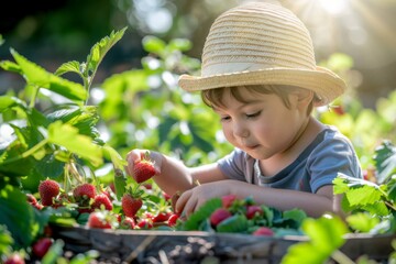 А small child in a straw hat picks strawberries from the garden, childhood memories of summer, berry harvest