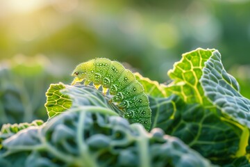 Сaterpillar eats a cabbage leaf, macro photography, crop pest, green color - obrazy, fototapety, plakaty