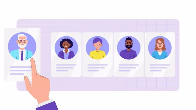 Animation of curriculum vitae profiles with photo. Hiring concept, new employees, recruitment. Choose best job candidates, resume. Human resource management. Cartoon style video