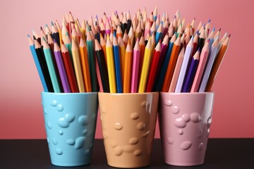 Colored pencils in a cup on a colored background