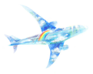 空色の飛行機　虹　手描き