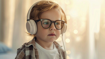 Retrato de niño pequeño de pie con auriculares grandes y gafas en una habitación con luz natural. - obrazy, fototapety, plakaty
