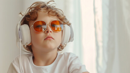 Fototapeta na wymiar Niño rubio con gafas de sol con cristales naranjas y auriculares grandes mirando fijamente en un habitación blanca en verano