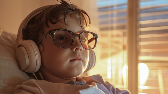 Niño con auriculares grandes y gafas en una habitación reclinado sobre un sillón mirando fijamente.
