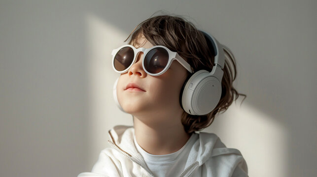 Niño mirando hacia arriba con gafas de sol de pasta blancas y cristales negros con auriculares grandes sobre su cabeza en un habitación con fondo blanco.