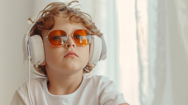 Niño rubio con gafas de sol con cristales naranjas y auriculares grandes mirando fijamente en un habitación blanca en verano