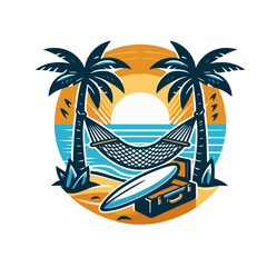 hammock, surfboard and palm tree on tropical beach- vacation, summer holiday, travel concept