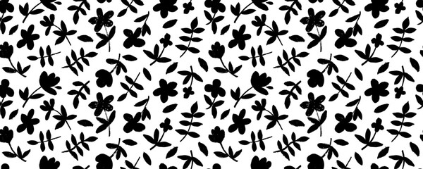 Spring flowers hand drawn vector seamless pattern. Black brush flower silhouettes. Roses, peonies and tulips black silhouettes. Floral drawings with texture. Summer botanical background