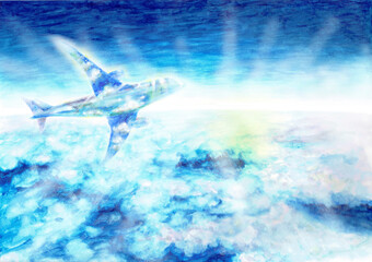 雲海を飛ぶ飛行機　手描き