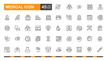 Medical icon set. Ambulance, hospital, nurse, doctor, emergency and more line icon. Most popular medical icons.
