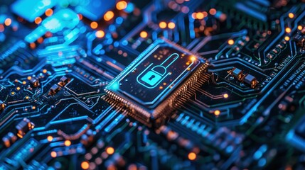 Security Technology Concept on circuit board, AI IC chip on board, CPU board.