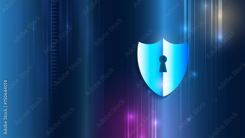 Poster Data security system, information, or network protection. Cyber security and data protection. Shield icon, future technology for verification. Abstract high tech background.