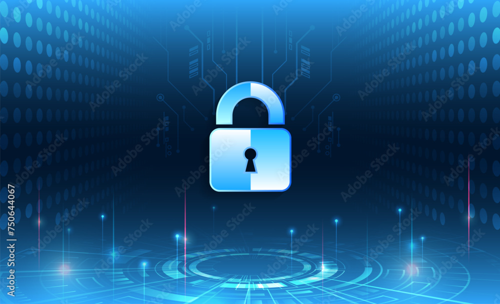 Poster Cyber security for business and internet projects. Vector illustration of data security services. Data protection, privacy, and internet security concept. Hi-tech various background.