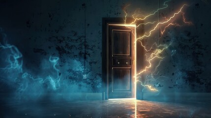 a locked door with ominous energy bursting out of the cracks - obrazy, fototapety, plakaty