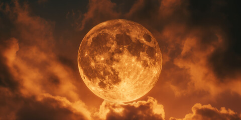 Fantasy full fiery moon. Horror spooky Halloween concept. Cloudy night sky lit by a large closeup of a full moon in a glowing fantasy ethereal moon. Cinematic mystery vibe. Orange sky and moon.