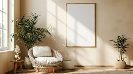 Sunlight floods a chic living room, highlighting the elegant simplicity of a neutral palette and the vibrant touch of indoor plants, Interior design photo frame mock-up of living room