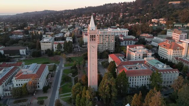Aerial video of the UC Berkeley campus and Sather Tower. in the USA.