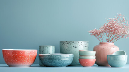 Vibrant ceramic bowls and plates artistically arranged against a striking red background - obrazy, fototapety, plakaty