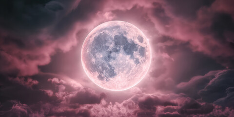 Halloween enchantment with a vivid fantasy of a full pink moon illuminating a cloudy night sky. The cinematic mystery vibe heightens the eerie charm, casting a bewitching glow on the pink moon