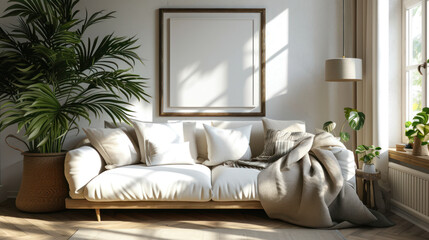 minimalist living room, where a Scandinavian-style sofa is elegantly paired with a tropical plant, photo frame mock-up, soft pillows, a cozy blanket, and a stylish lamp, serene interior design