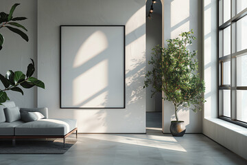 Interior of modern living room with white walls, concrete floor, comfortable sofa and mock up poster frame. 3d rendering. Living room interior in scandinavian style. Beige academia.