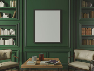 Mock up poster frame in Modern green classic interior background. 3d render. empty frame on the wall. 