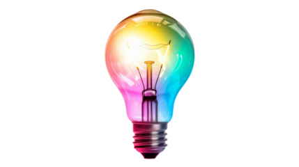 Multicolored Light Bulb Glowing Isolated On Transparent Background