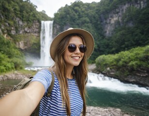 Handsome laughing woman taking selfie picture in front of waterfall
