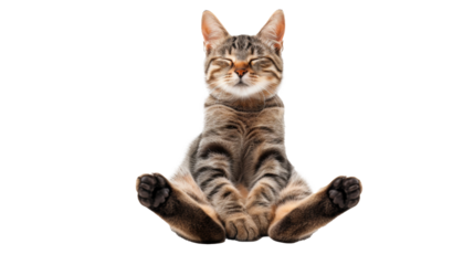 Relaxed Tabby Cat Sitting in a Yoga Pose Isolated On Transparent Background