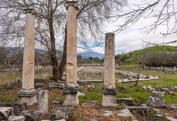 Scenic views from Afrodisias which  was a small ancient  Hellenistic city in the Caria,  was named after Aphrodite, the Greek goddess of love in Aydın, Turkey
