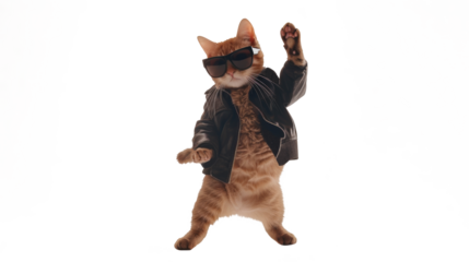 Stylish Cat Wearing Sunglasses and Jacket Posing Isolated On Transparent Background