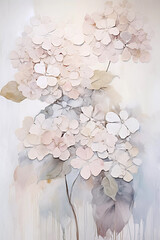 Watercolor painting of hydrangea flowers. Veretical botanical wall art, close-up floral poster