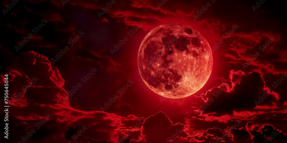 Wall mural fantasy full red moon. horror spooky halloween concept. cloudy night sky lit by a large closeup of a - Wall murals