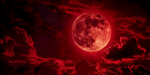 Obraz premium Fantasy full red moon. Horror spooky Halloween concept. Cloudy night sky lit by a large closeup of a full moon in a glowing fantasy ethereal moon. Cinematic mystery vibe. red sky and moon.