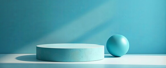 Contemporary minimalistic design with a blue podium and matching spherical object, set against a blue background with natural lighting.