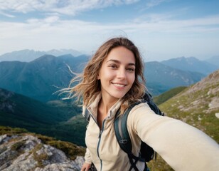 Naklejka na ściany i meble Young woman with wide smile taking selfie portrait on the peak of the mountain