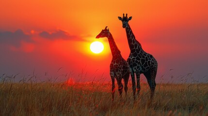 Giraffes Silhouetted Against a Colorful Sunset: Graceful giraffes silhouetted against a vibrant, multicolored sunset on the African savannah.