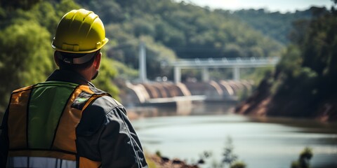 Hydroelectric dam employee conducting inspection at the dam. Concept Hydroelectricity, Dam Inspection, Dam Maintenance, Renewable Energy, Hydroelectric Power