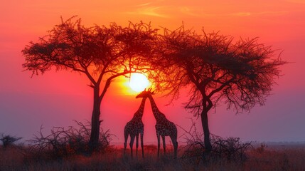 Giraffes Silhouetted Against a Colorful Sunset: Graceful giraffes silhouetted against a vibrant, multicolored sunset on the African savannah.