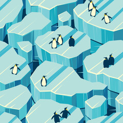 Vector seamless pattern with penguins on ice