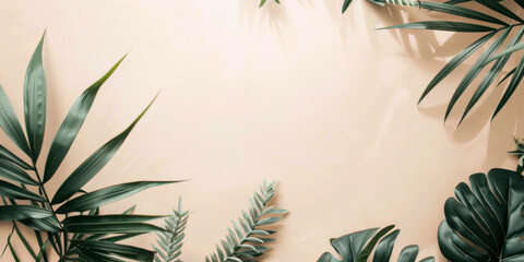 Green tropical leaves arranged against a neutral background with warm tones showcasing nature's tranquility and beauty in a calm indoor setting